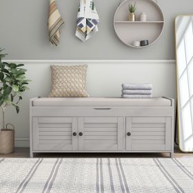 Storage Bench with 3 Shutter-shaped Doors,Shoe Bench with Removable Cushion and Hidden Storage Space (Color: Gray Wash, Material: MDF)