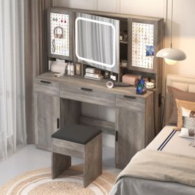 Large Vanity Table Set with LED Lighted Mirror and 2 DIY Pegboards, 5 Hooks, Vanity Desk with Charging Station, Makeup Table with Drawers (Color: as picture)