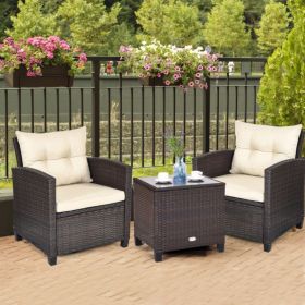 3 Pieces Rattan Patio Furniture Set With Washable Cushion (Color: Beige)