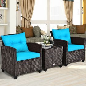 3 Pieces Rattan Patio Furniture Set With Washable Cushion (Color: Turquoise)