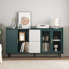 Modern Kitchen Pantry Storage Cabinet , 55" Coffee Bar Storage Cabinet with 2 Drawers, 2 Open Storage Compartment & 2 Glass Doors (Color: Green, Material: MDF)