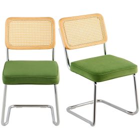 VEVOR Rattan Dining Chairs Set of 2, Mid Century Modern Dining Chair, Upholstered Velvet Accent Chair with Rattan Back (Quantity: 2 Packs, Color: Green)