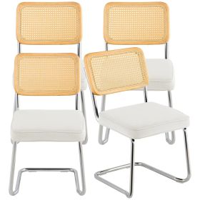VEVOR Rattan Dining Chairs Set of 4, Mid Century Modern Dining Chair, Upholstered Velvet Accent Chair with Rattan Back (Quantity: 4 Pieces, Color: White)