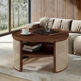 2-Tiered Round Wood Coffee Table with Storage Rattan Base in 31.3'' (Color: Walnut, Material: Rubber Wood)