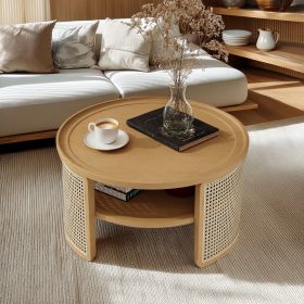 2-Tiered Round Wood Coffee Table with Storage Rattan Base in 31.3'' (Color: Natural, Material: Rubber Wood)