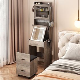 Small Vanity Desk with Mirror and LED Lights, Makeup Table with Charging Station and Storage Shelves for Small Space (Color: as picture)