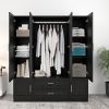Wooden Armoire Wardrobe Closet with 3 Doors Hanging Rods 4 Drawers Shelves Large Capacity Clothes Storage Cabinet Organization for Bedroom Black 47.24