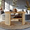 2-Tiered Round Wood Coffee Table with Storage Rattan Base in 31.3''