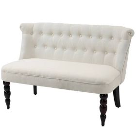 Scandinavian 2 Seater Button Tufted Loveseat Wooden Legs Linen (Color: Cream White)