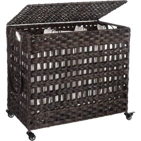 PP Rattan 3-Basket Laundry Hamper Sorter Cart with Removable Cotton Bags (Color: Brown)