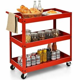 Steel Frame Kitchen Serving Utility Cart on Wheels with 2 Bottom Shelves (Color: Red)